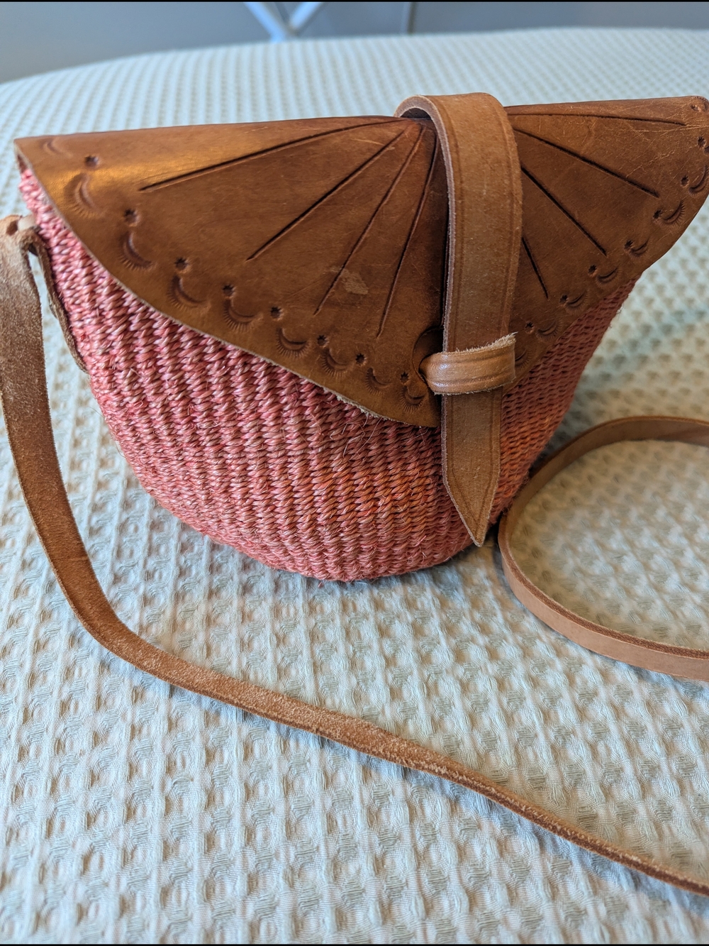 Vintage Straw Crossbody Bag with Brown Leather Flap - Picture 1 of 6